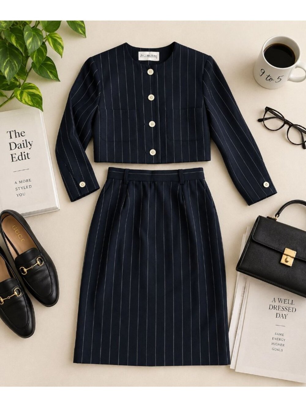 JH Collectibles Navy Pinstripe Two-Piece Skirt Suit Size 8 Made In Colombia Long